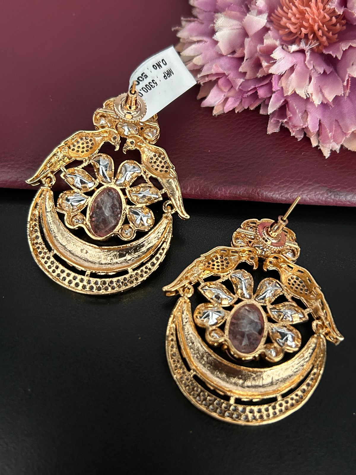 Peacock Design Pink Stone Kundan Earrings